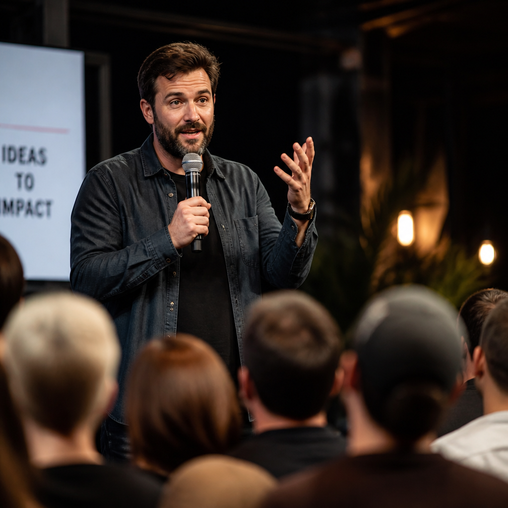 Speaker mid-talk at a Pulse Assembly event