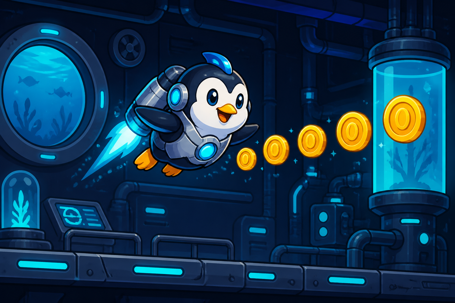 RoboPenguin jetpacking through the glowing underwater laboratory, trailing golden coins