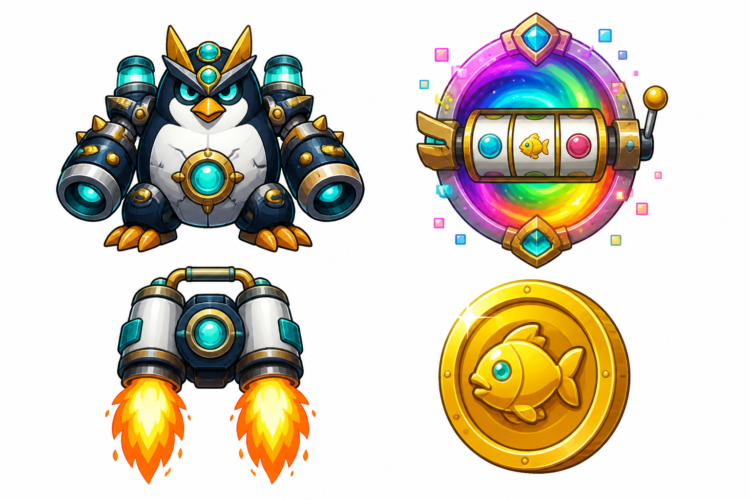 Arcade icon set: boss penguin, rainbow warp slot reels, jetpack flame and golden fish coin